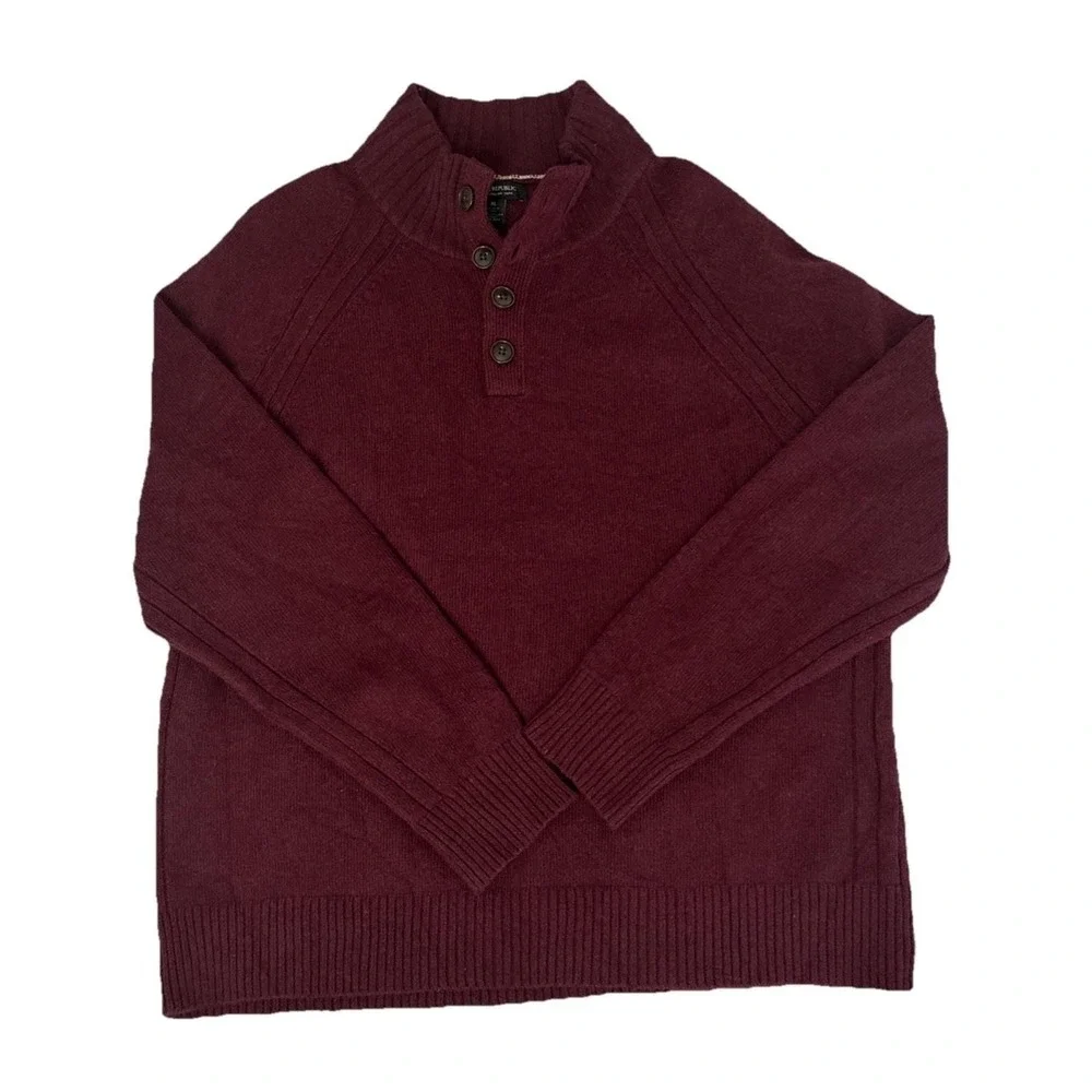 Banana Republic Mens XL Maroon Italian Wool Blend Mock Neck Button Sweater Knit